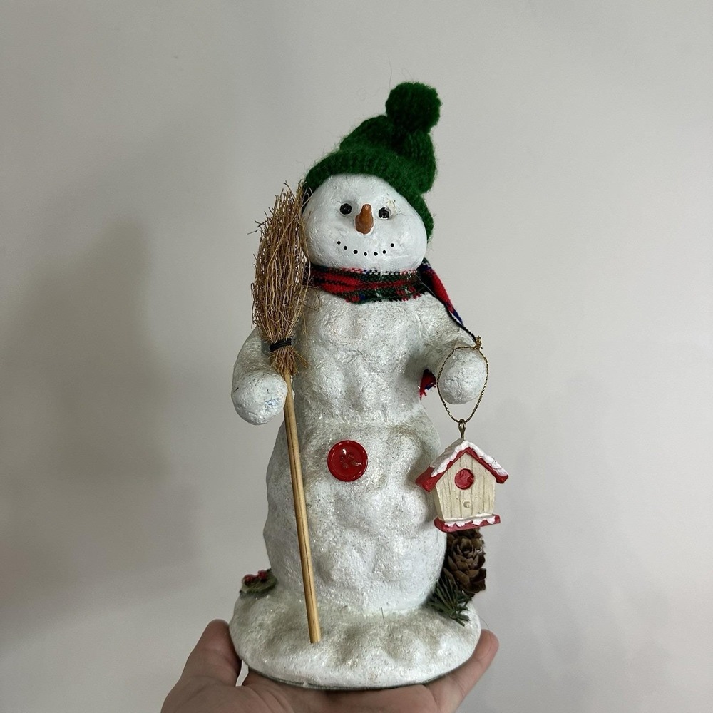 VTG 90's Sculpted‎ Christmas Winter Snowman Figurine Broom Birdhouse 9"